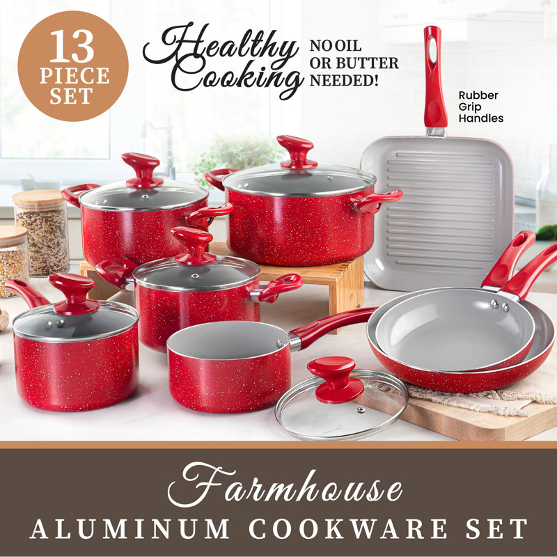 Granitestone Farmhouse 13 Piece Aluminum Ultra Durable Cookware Set, Red