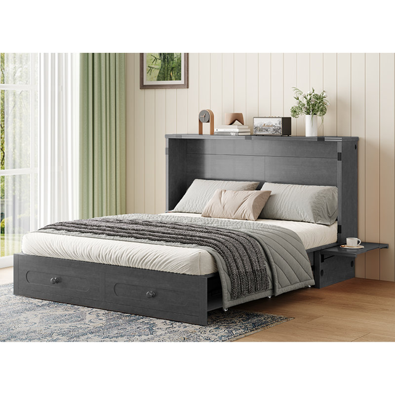 Queen Murphy Bed Cabinet with USB, 2 Drawers (Mattress Not Included), Gray