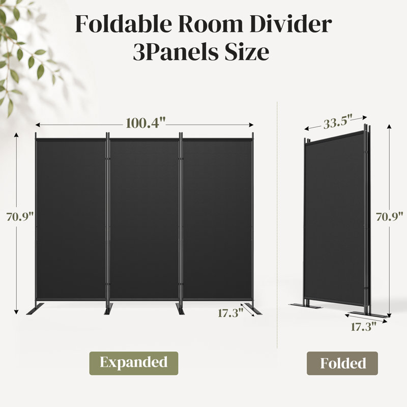 Paravent à 3 panneaux, paravent mural noir avec tissu en polyester imperméable opaque et structure en acier renforcé Q195, cloison portable pliable pour la chambre de bureau à domicile