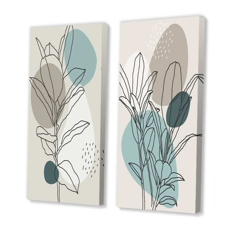 «Green Botanical Branch with Leaves III», ensemble de 2 peintures, Toile tendue, H 20 po x l 24 po x P 1 po