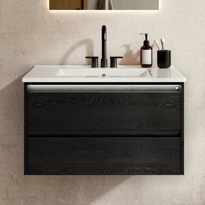 30" Wall-Mounted Bathroom Vanity with Ceramic Sink, Black,Assembly Required