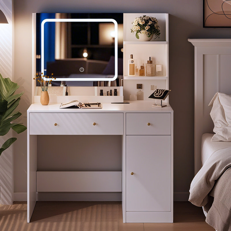 Ensemble de coiffeuse de maquillage blanc moderne avec miroir lumineux à DEL, station de charge intégrée et 3 compartiments de rangement