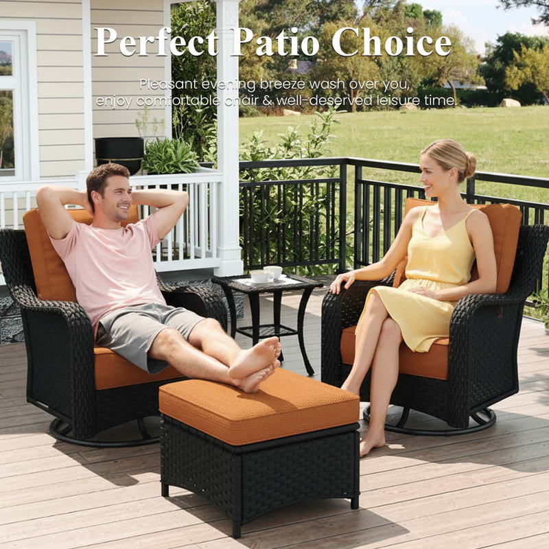 3 Piece Wicker Outdoor Furniture Set With 6-inch Comfy Cushions, High Back Patio Furniture Set With Swivel Rocking Chairs And Side Table