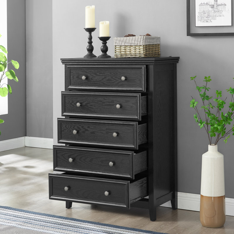 Commode moderne à cinq tiroirs, commode avec dispositifs anti-basculement, idéale pour organiser les objets de la maison