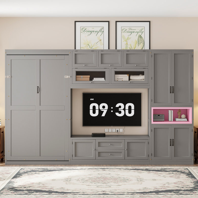 Lit escamotable simple en bois avec meuble télé, 2 tiroirs, tablettes et armoires, gris