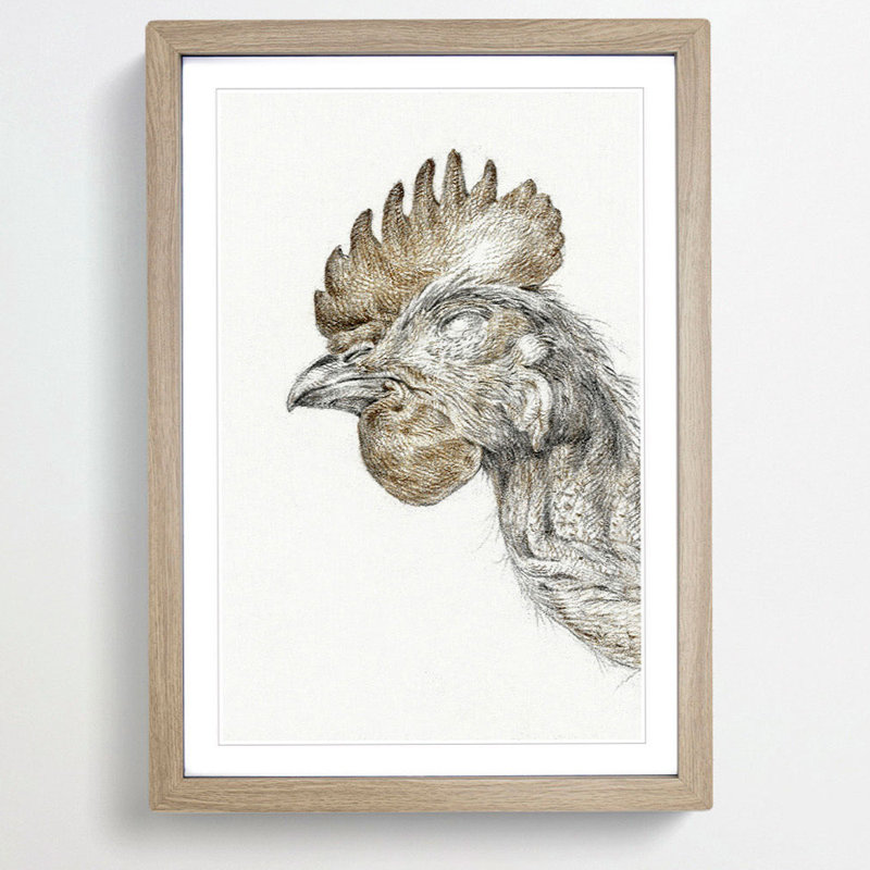 Head of a Chicken by Jean Bernard - Picture Frame Drawing Print, 48cm H x 36cm W x 2cm D, Oak Framed