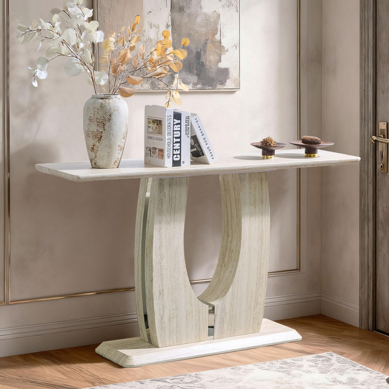 Dark Finish Narrow Console Table, 55" Behind Couch Sofa Table with Faux Marble Pattern Top & U-Shaped Base for Entryway Hallway