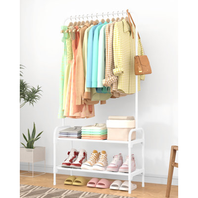 Clothes Rack - Clothing Rack with 2-Tier Shoe Rack and Anti-Slip Stopper, Shoe Organizer for Entryway, Bedroom, or Laundry, White, 29" × 12.2" × 59.3"