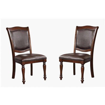 Luxueux fauteuil de salle à manger traditionnel en bois de cerisier brun avec texture de cuir espresso et 2 chaises d'appoint