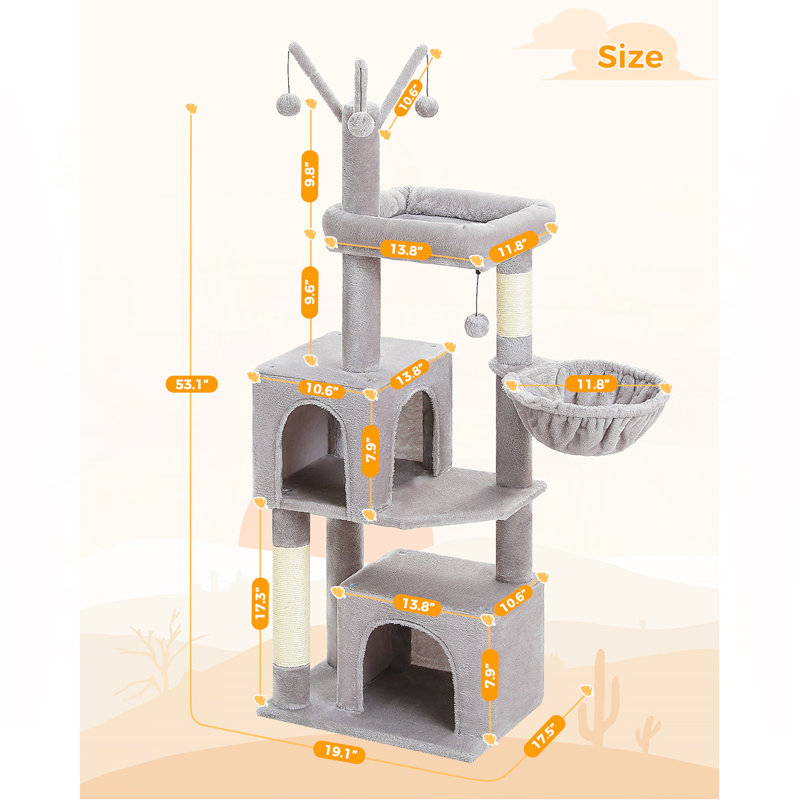 Arbre à chat de 53 pouces de haut avec 2 condos pour chats d'intérieur, tour pour chat avec poteaux à griffer pour petits chats, tour pour arbre à chat gris avec hamac et jouets pour chat