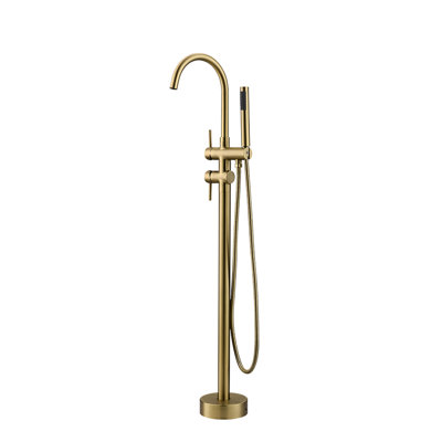 Robinet de baignoire autoportant à poignée simple avec douche à main - Or brossé, Robinet en céramique, Robinet incurvé à fixation au sol doré, Valve à cartouche, Style antique