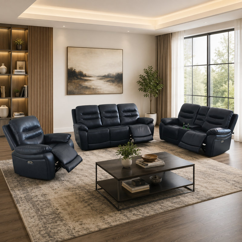 Ensemble de canapé modulaire inclinable électrique en cuir noir de salon 3 pièces de 107 po