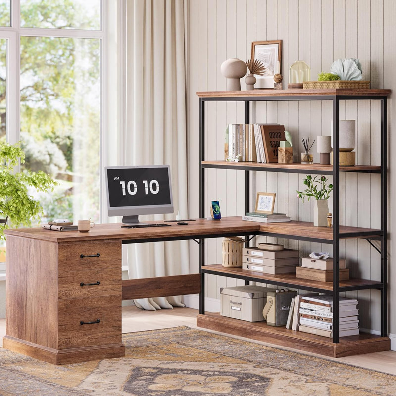 57.1" L Shaped Computer Desk with Storage, Brown