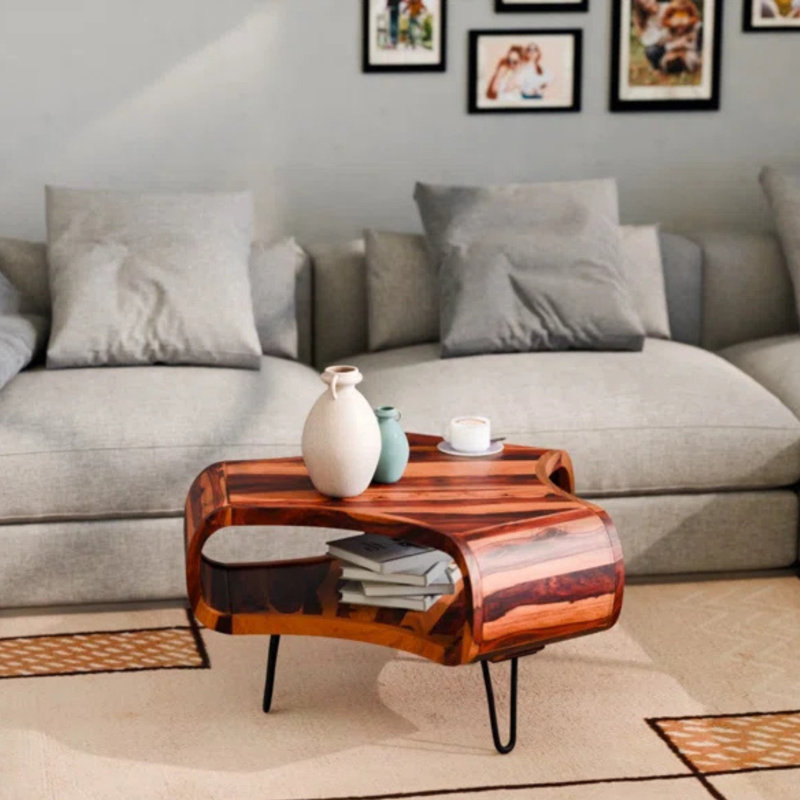 Table basse en bois massif avec tablette de rangement ouverte - Pieds en épingle à cheveux, finition miel, table basse moderne Mid-Century
