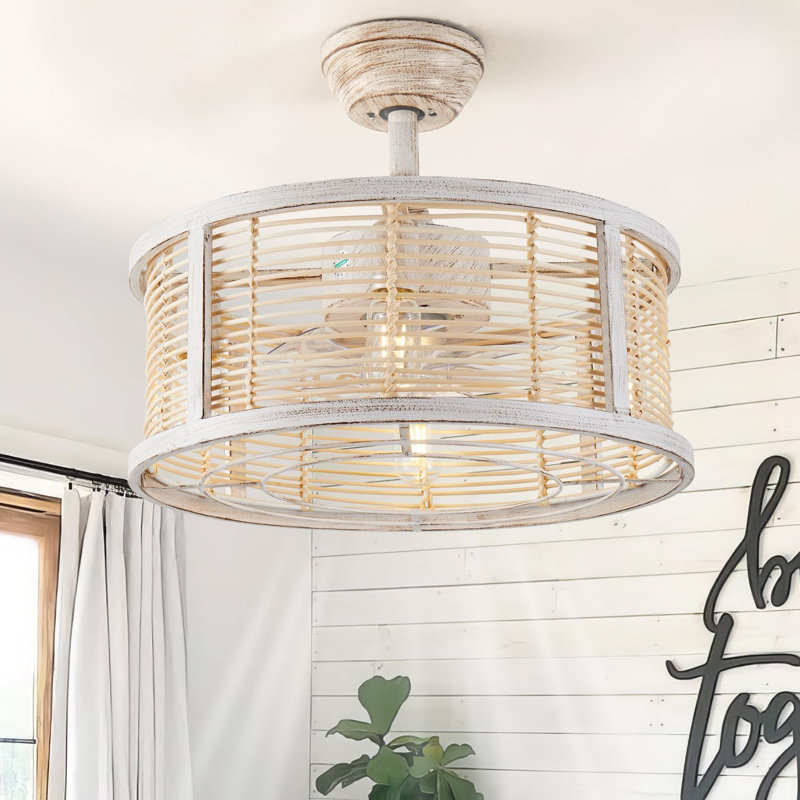 Ventilateur de plafond en rotin de 20 pouces avec lumière, ventilateur de plafond Fandelier blanc Boho avec lumières et télécommande, fermé 6 vitesses pour la salle à manger de la cuisine de la chambre à coucher