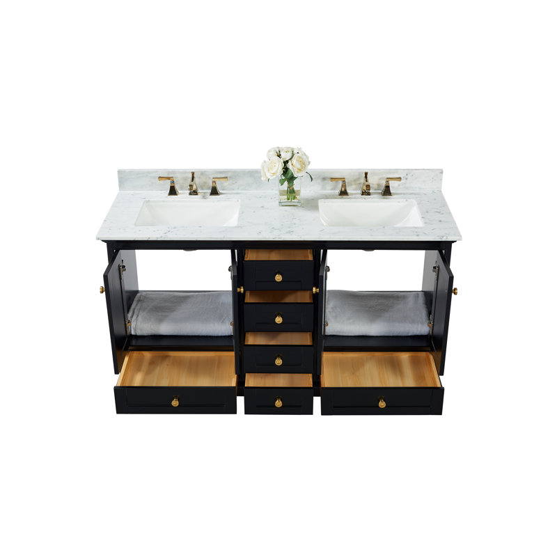 Audrey 66'' W Double Vanity, Carrara White, Black Onyx | Brushed Gold