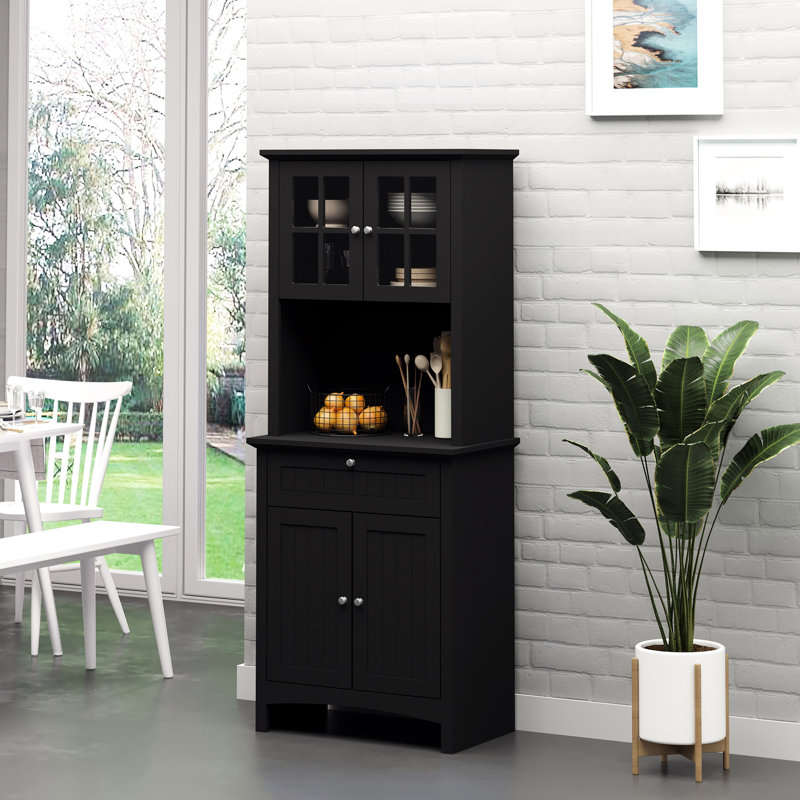 Armoire de cuisine avec tiroir noir, espace pour micro-ondes et tablettes réglables pour la vaisselle et l'organisation des paniers