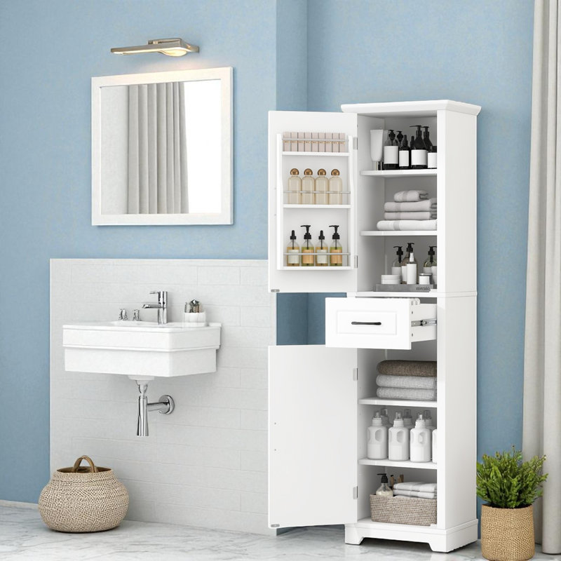 Tall White Bathroom Storage Cabinet – Freestanding Organizer With 2 Doors, Adjustable Shelves, Drawer & Door-mounted Storage