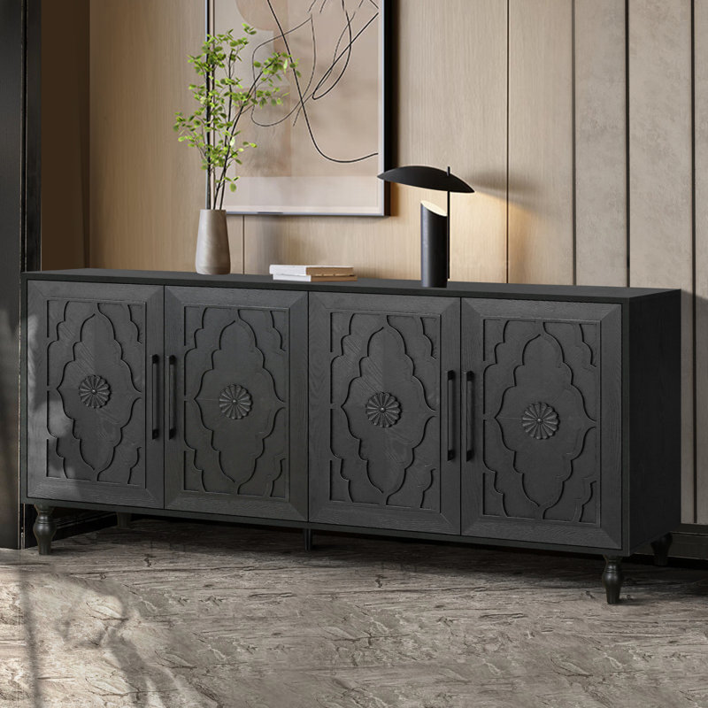 Grande armoire de rangement sculptée à porte fleurie avec poignée en métal adaptée au salon, à la cuisine et au vestibule