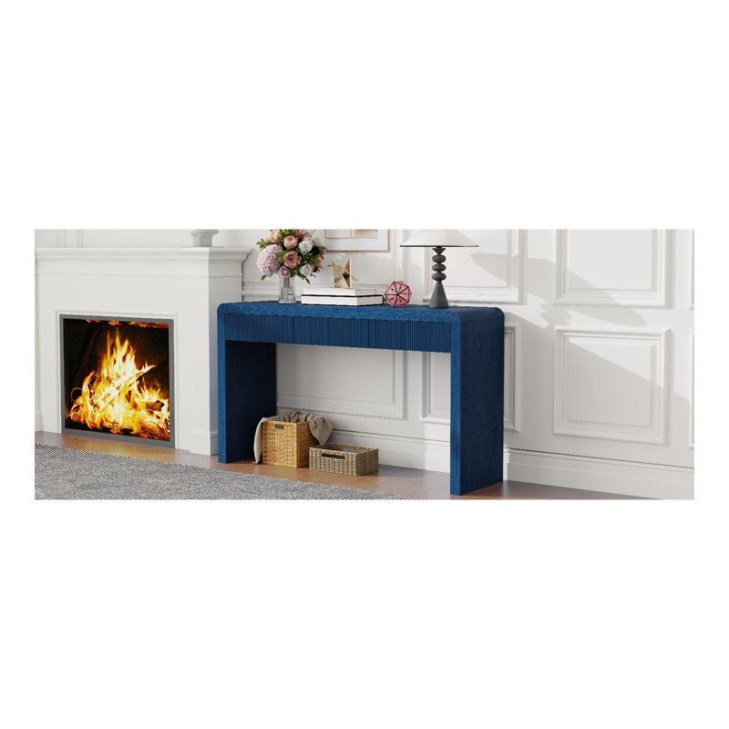Console rustique avec 3 tiroirs cannelés - Table d'entrée en placage de bois massif avec grain de bois naturel pour le salon, couloir (bleu marine)