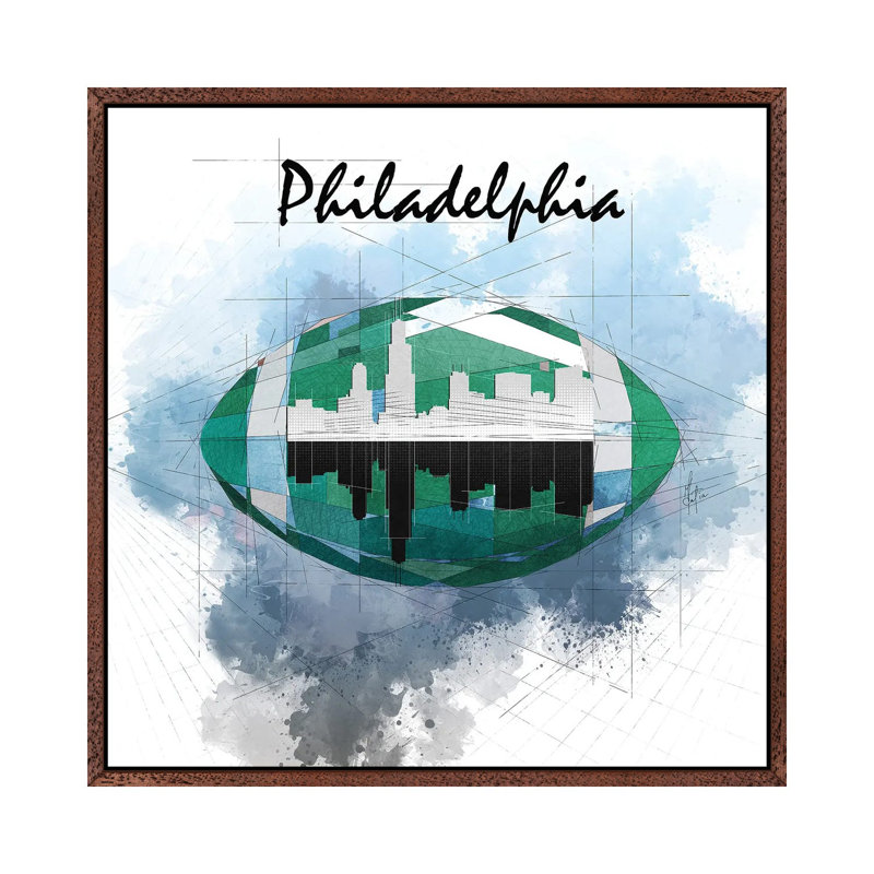 Football Philadelphia Skyline by Katia Skye - Print on Canvas, Classic Brown Wood Framed, 66.04cm H x 66.04cm W x 3.81cm D