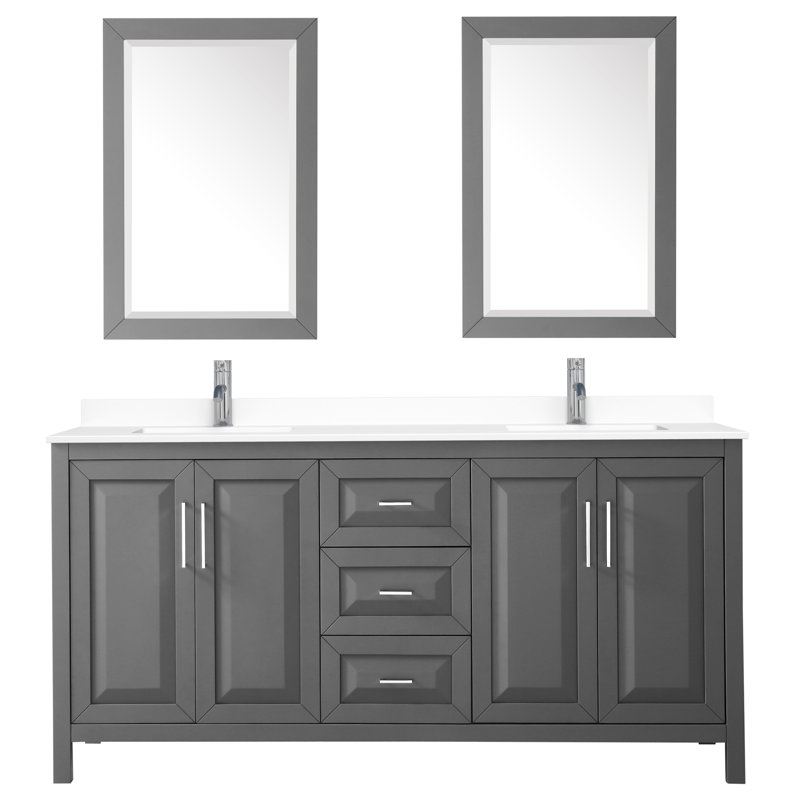 Daria 72'' Double Bathroom Vanity with Carrara Marble Top with Mirror, Polished Chrome, Dark Gray
