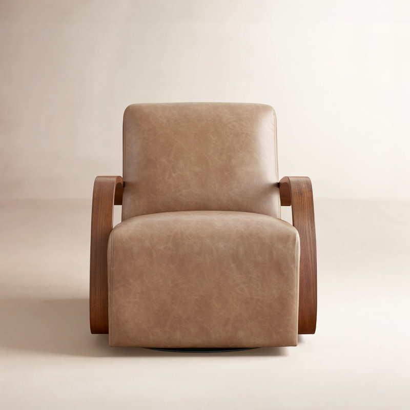 Brehana Swivel Armchair, Hearth Walnut, Cognac Pebbled Vegan Leather