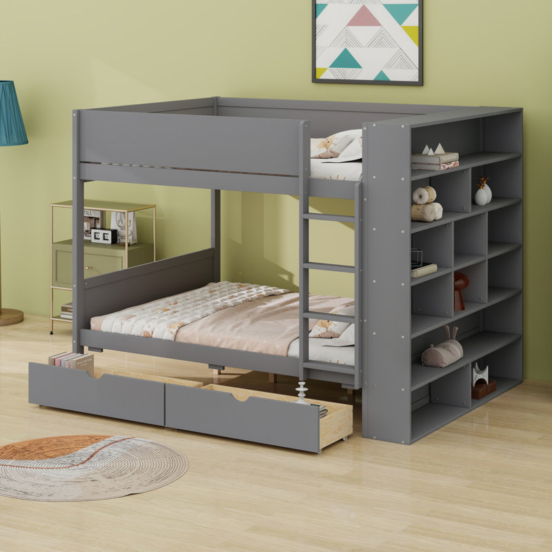 Lit superposé avec 2 tiroirs et armoire à couches multiples, Gris, Lit superposé double sur double