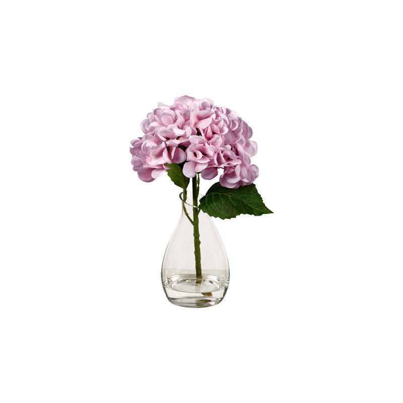 Hortensias roses dans un vase en verre Teardrop, Rose