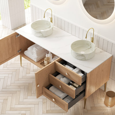 Meuble-lavabo moderne autoportant de 60 po avec lavabos ronds blancs en céramique, motif de pierre, 3 tiroirs, 2 portes, finition chêne, pré-assemblé, deux contreplaqués à haute résistance, facile à installer