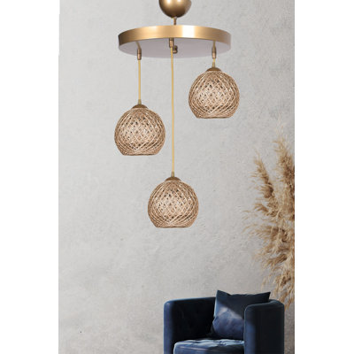 Elegant Beige Chandelier, Metal Body with Jute Cap, 12.6 x 12.6 x 5.9 inches | Total Height: 31.5 inches | 3 x E27 Sockets (Max 40W) | CE Certified | Perfect for Living Room, Dining Room & Entryway Decor