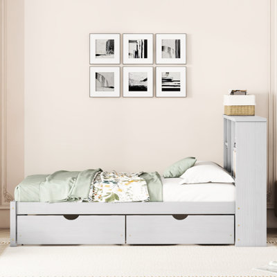 Cadre de lit simple gris avec 2 tiroirs pratiques et un espace de rangement fonctionnel