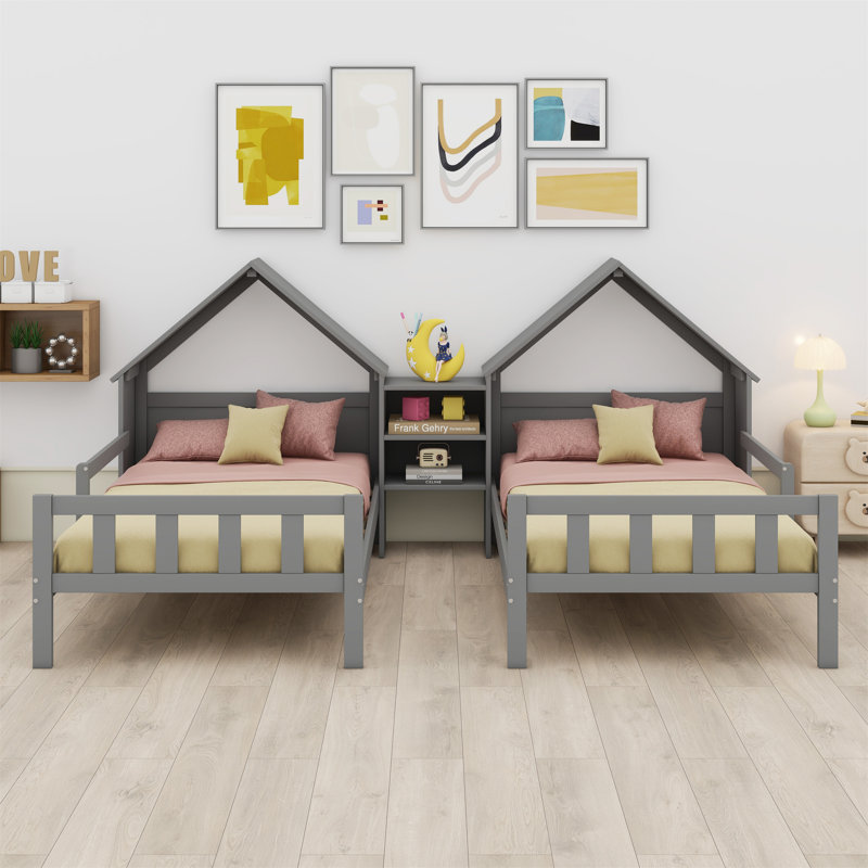 Double Platform Bed With House-Shaped Headboard And A Built-In Nightstand, Grey
