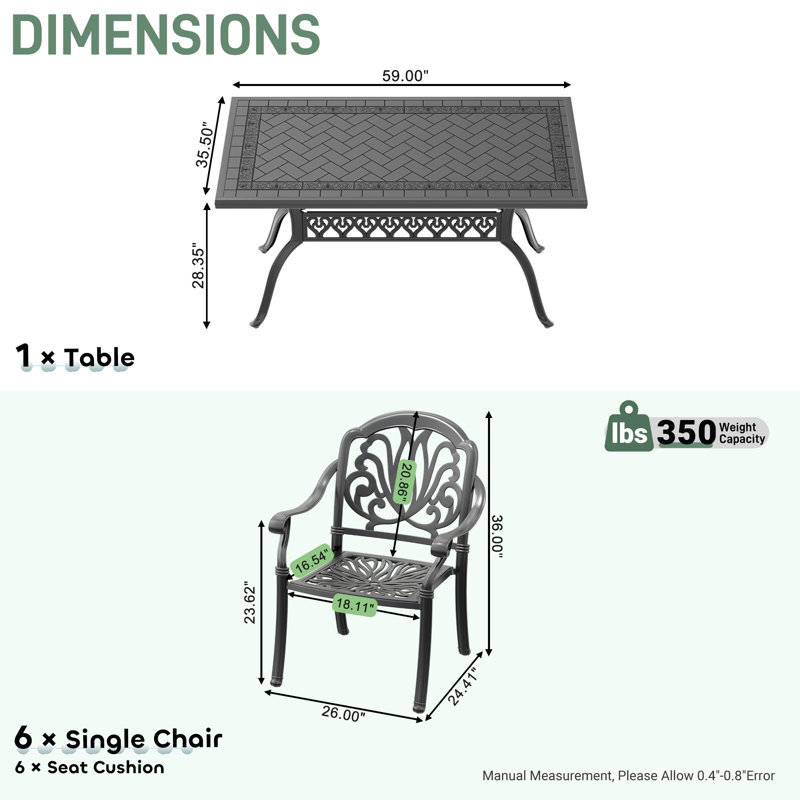  Ensemble repas pour 6 personnes avec table rectangulaire Ancilla, coussins bruns inclus Ancilla