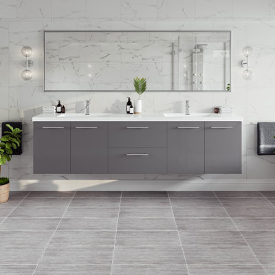 Lumina  Meuble-lavabo mural double avec comptoir en acrylique et lavabos intégrés