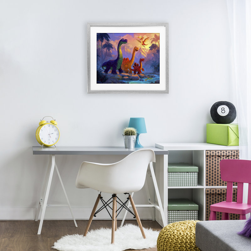 «Dinosaur Friends In The Jungle», reproduction sous verre encadrée, design par Wumples, Cadre de ferme gris