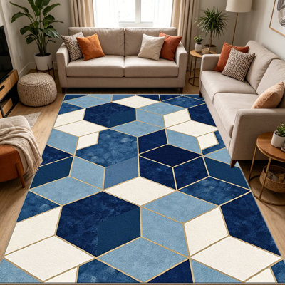 Tapis en marbre hexagonal bleu pour le salon, doux et confortable, adapté à toutes les saisons, facile à entretenir, tapis de sol intérieur lavable à la machine, sous la ferme pour table, salle à manger, bureau, balcon, patio