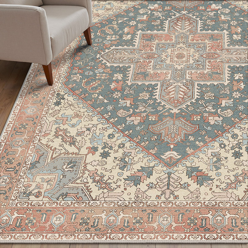 Tapis d'intérieur rose / beige performance lavable antidérapant Roehit, Bleu / Rose, Rectangle 8' H x 10' W