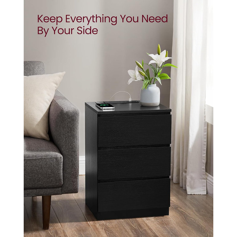 Bedside Table With Charging Station, Side End Table With 3 Drawers, 2 AC Outlets, 2 USB Ports, Bevelled Drawer Fronts, For Living Room, Bedroom, Study, Modern