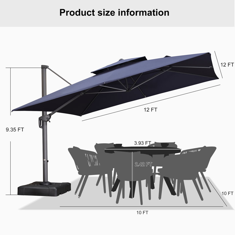 Grand parasol carré d'extérieur carré 12 pi x 12 pi, bleu porte-à-faux, bleu marine, Marine