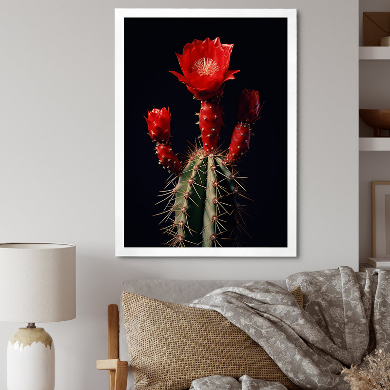 Cactus rouge et noir monolithe marron sur toile, Cadre simple blanc, H 32 po x l 24 po x P 1 po