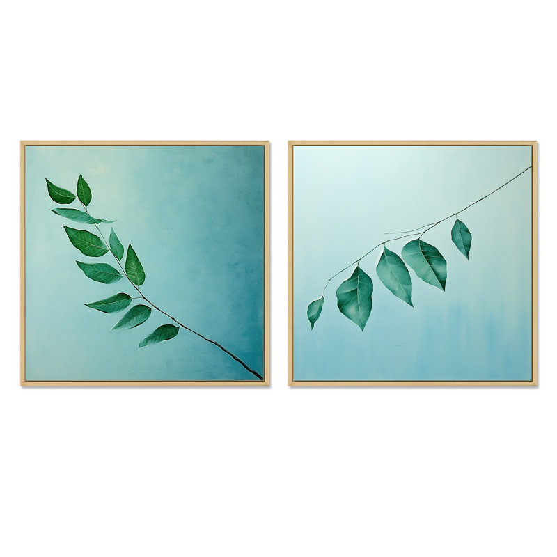 Teal Tranquility Leaf Impression - ensemble de 2 feuilles carrées, H 16 po x l 33 po, Cadre flottant brun