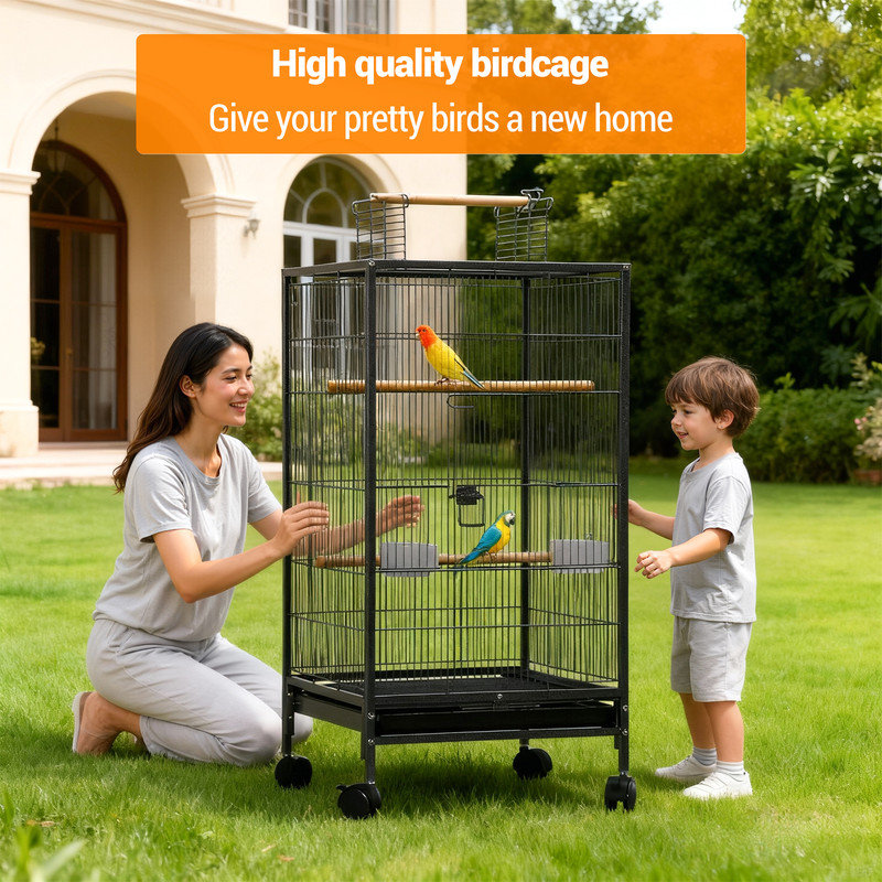 40 Inch Bird Cage Open-Top Parrot Cage with Detachable Rolling Stand with Slide-Out Tray Water Bottle Feeder for Parrot Parakeets Cockatiel Lovebird Pigeon Birds