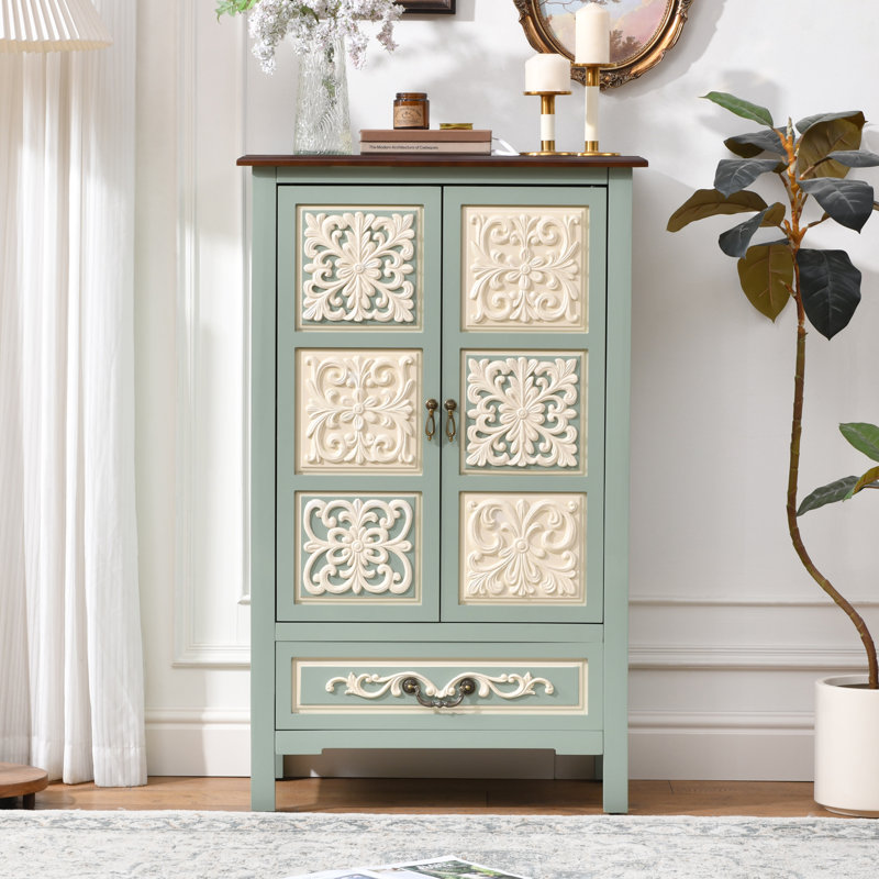 43‘’H Vintage Green Storage Accent Cabinet With 2 Doors And Drawer, Carved Floral Design For Living Room Or Entryway