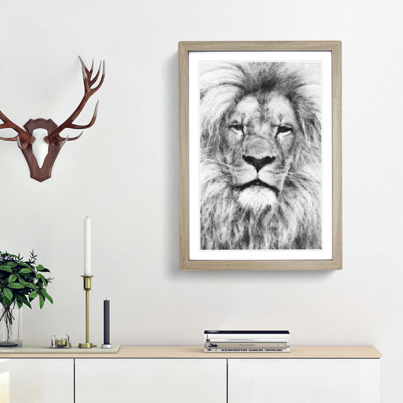Lion Portrait - Picture Frame Drawing Print, 87cm H x 62cm W x 2cm D, Oak Framed