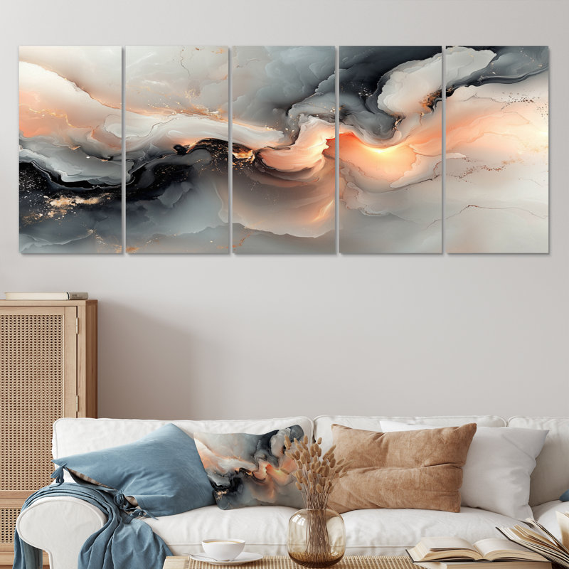 Abstract Geode Grey Marble River Shape II - Marble Canvas Art Set, 32" H x 80" W