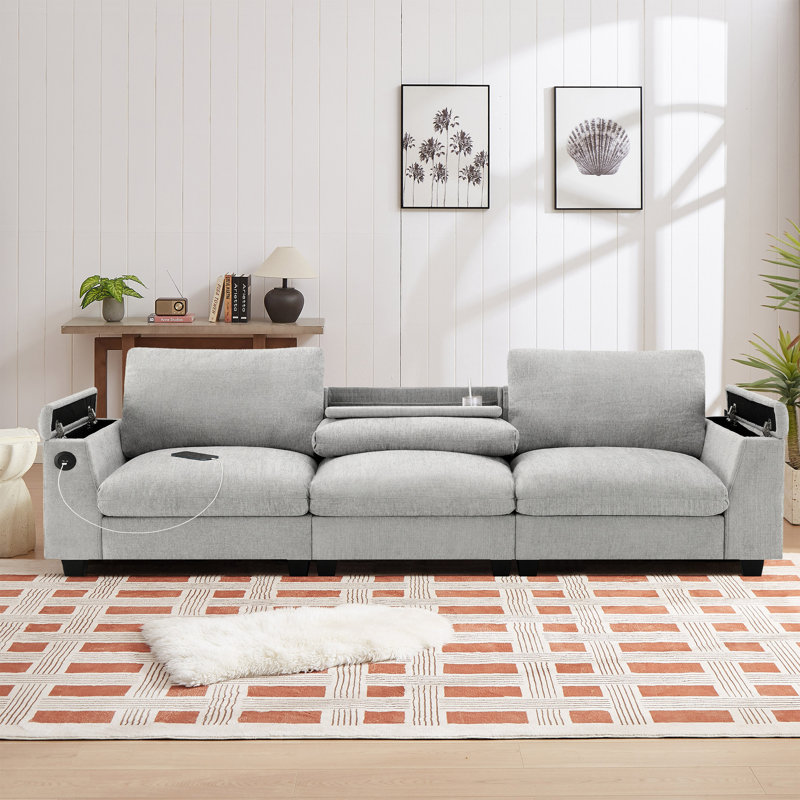 Canapé modulaire en chenille 3 pièces avec porte-gobelets et accoudoirs de rangement Nymara, Gris chenille