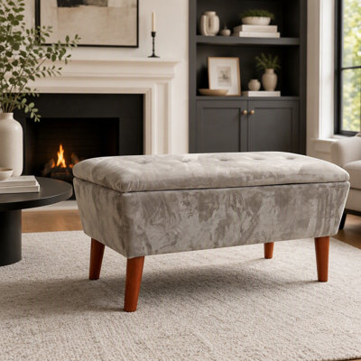 42 Inch Rectangular Linen Ottoman Bench, Modern Low Footrest Stool with Solid Wood Tapered Legs, Multi-Use Entryway and Bed Bench