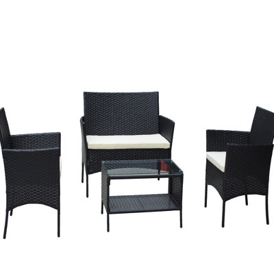 Patio 4 pièces - Extérieur avec coussins beiges, 2 fauteuils, table en verre et coussins captivants Water Pc