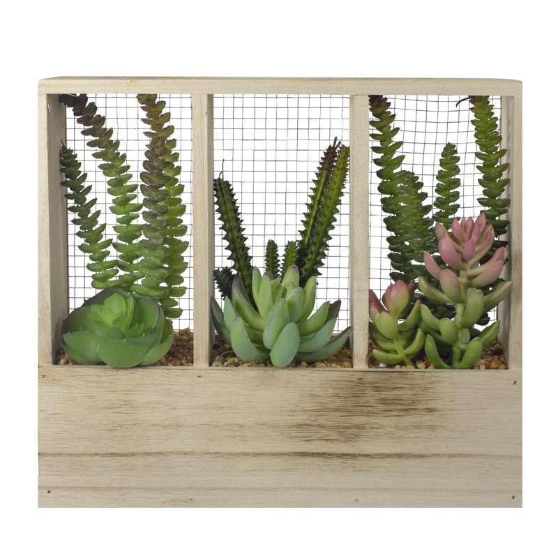 11" Artificial Mixed Succulent Arrangement In A Wooden Planter Box